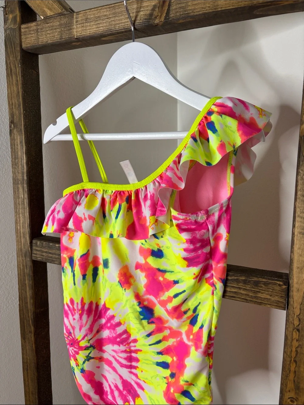 Limited Too Neon Pink & Yellow Tie-Dye One-Shoulder Ruffle Swimsuit